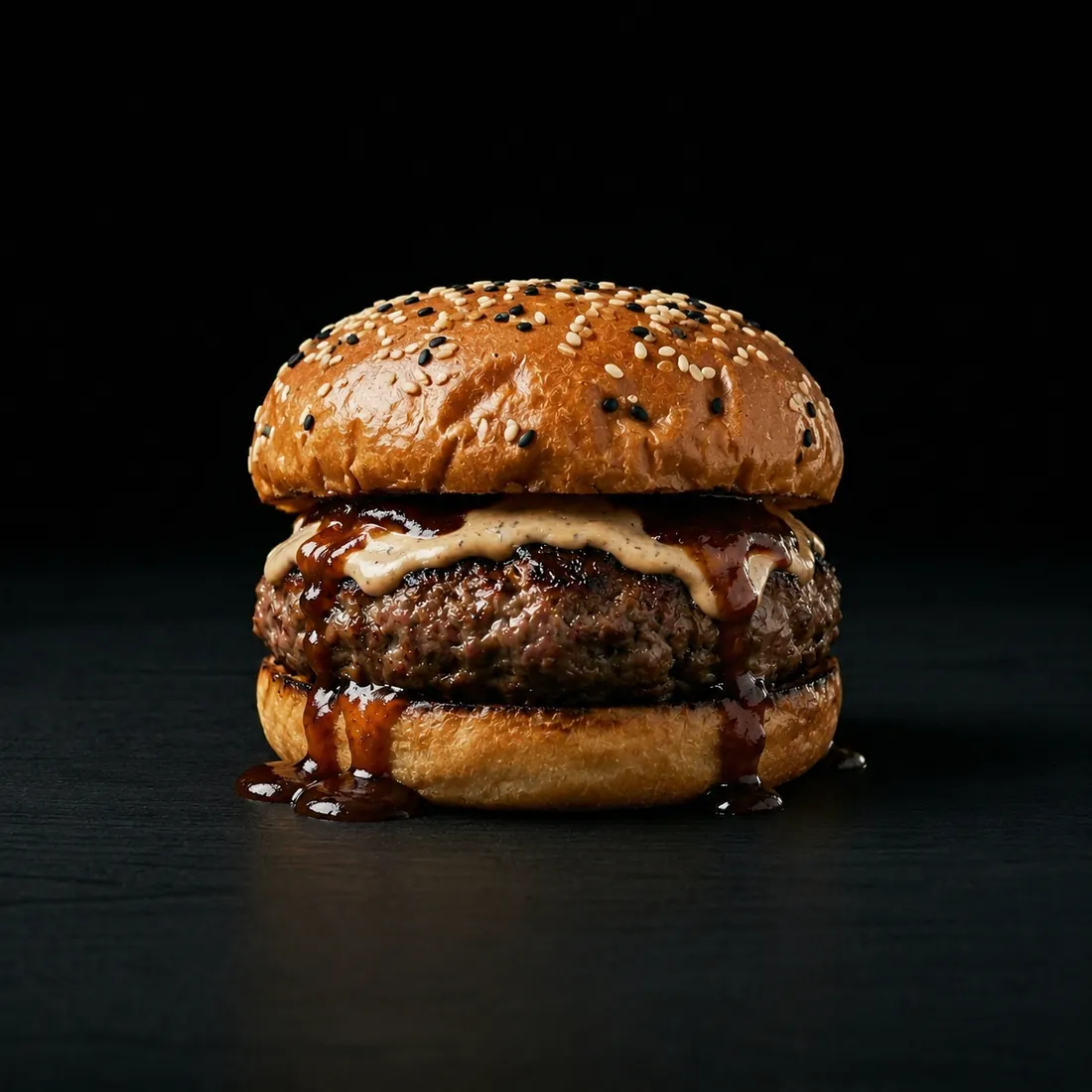 Hamburguesa Kuro 黒 — rellena de curry japonés con gouda, a las brasas