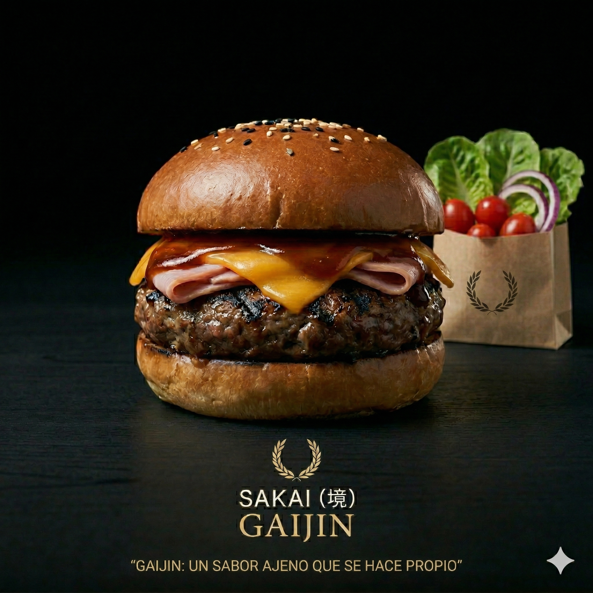 Hamburguesa Gaijin 外人 — carne molida a las brasas con cheddar, jamón y BBQ de autor