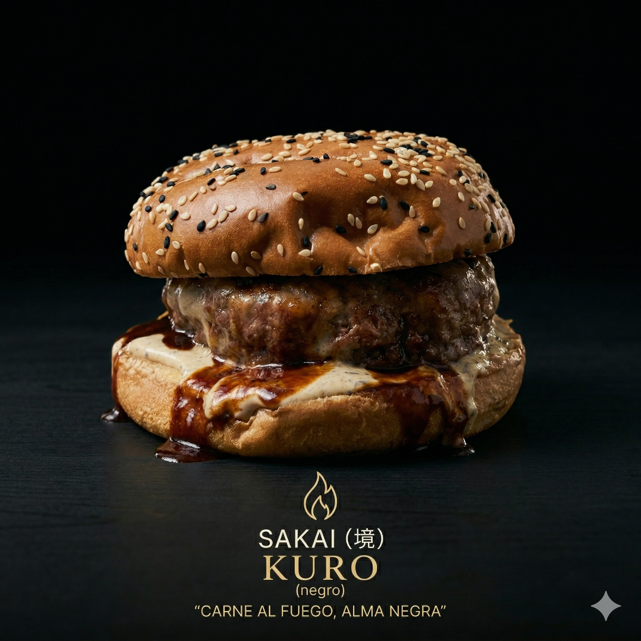 Hamburguesa Kuro 黒 — carne 80/20 a las brasas con curry japonés y ajo negro